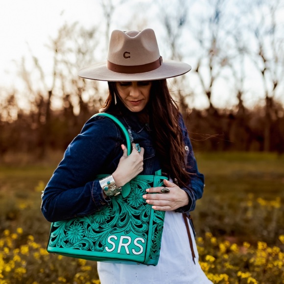 Turquoise Green Leather Floral Tote - Picture 1 of 6